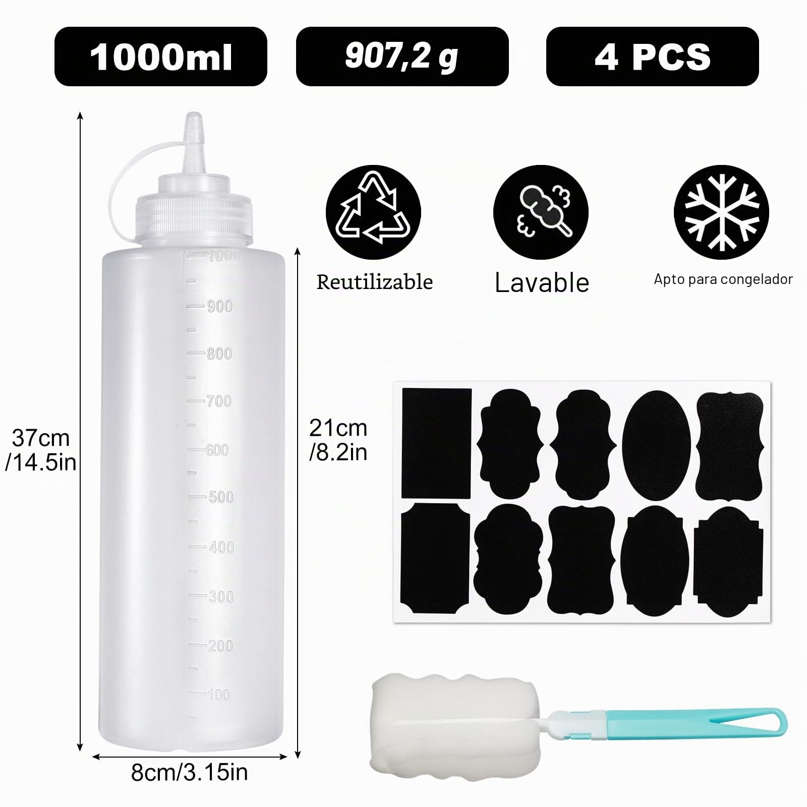 4 Piezas Biberon Cocina 1000ml, Biberones Cocina 32oz, Transparente Biberones con Tapa, Plástico Botella de Salsa con 1 Cepillo Limpiador y 10 Pegatinas, para Salsas, Ketchup