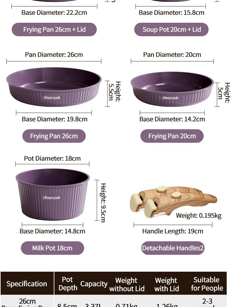 Amercook detachable nesting cookware non-stick versatile pot set, kitchen-specific cookware set for home use, Twilight Purple nine-piece set