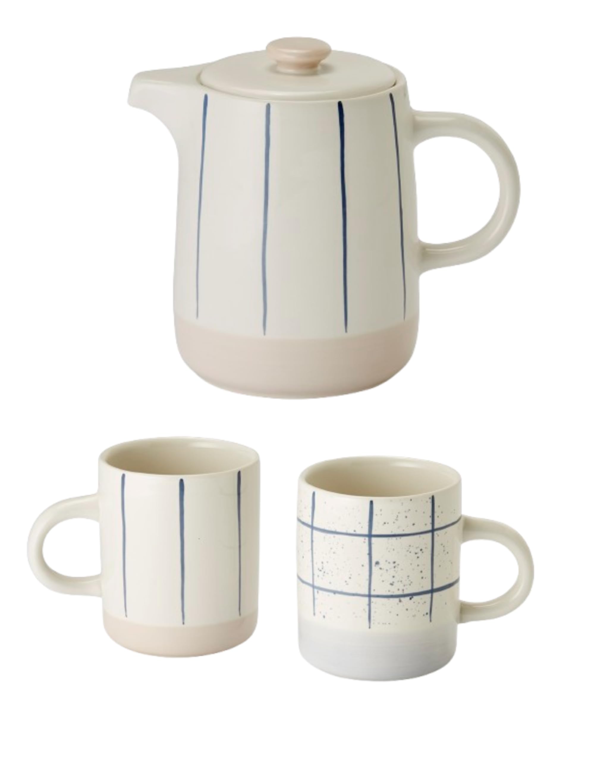 Teemando Teekanne Leevke mit Becher, Keramik, 0,75 l Kanne und 0,3 l Becher, Cremeweiß mit Rosa und Blau, Skandinavisches Design, Spülmaschinenfest