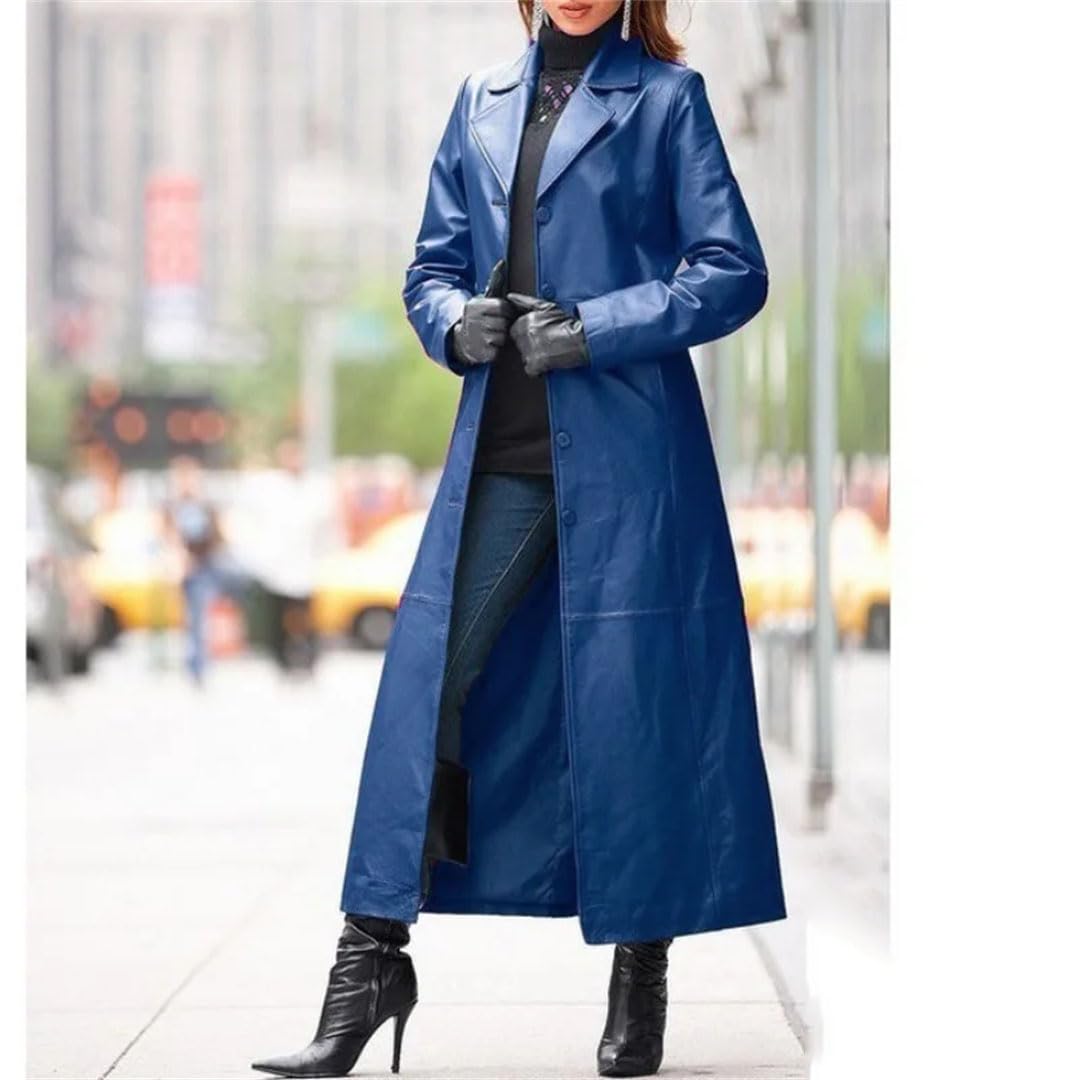 Suwequest Abrigo de cuero sin cinturón con solapa para mujer, abrigo largo, gabardina de cuero delgado, chaqueta de color sólido con solapa de moda