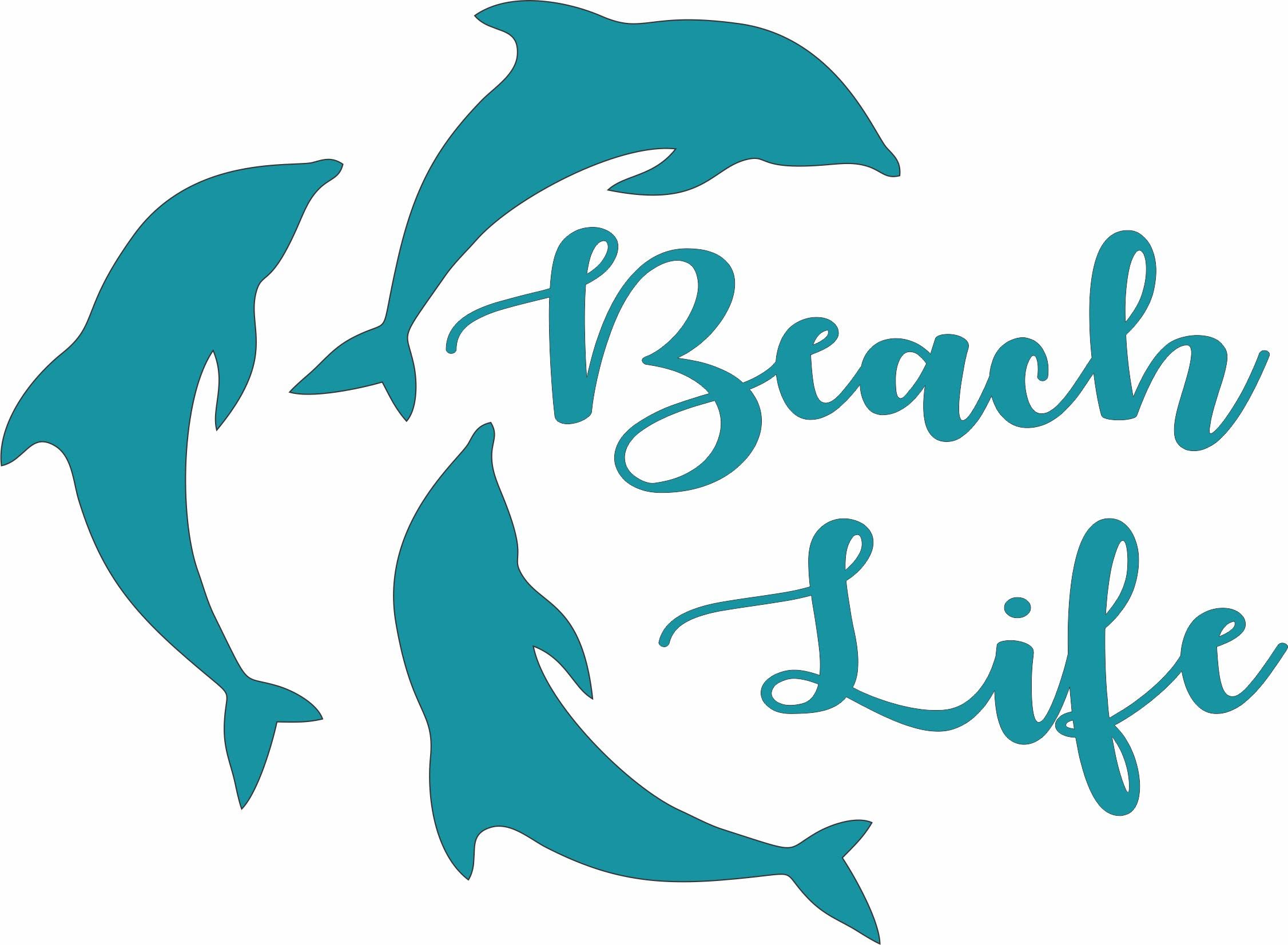 Beach Life Dolphins Ocean - Die Cut Vinyl Window Decal/Sticker for Car/Truck (Turquoise Blue)