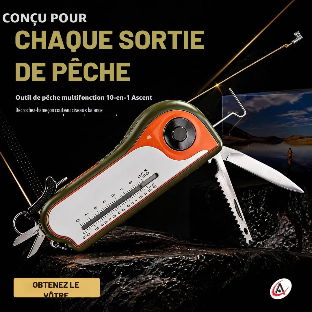 Outil de cadeau de pêcheur Pêche Outil - Crochet Remover Grattoir, Évoluer, mètre à ruban, Appât Cutter, lampe de poche, ciseaux, poids Échelle, décapsuleur, idée de cadeau pour homme femme enfants