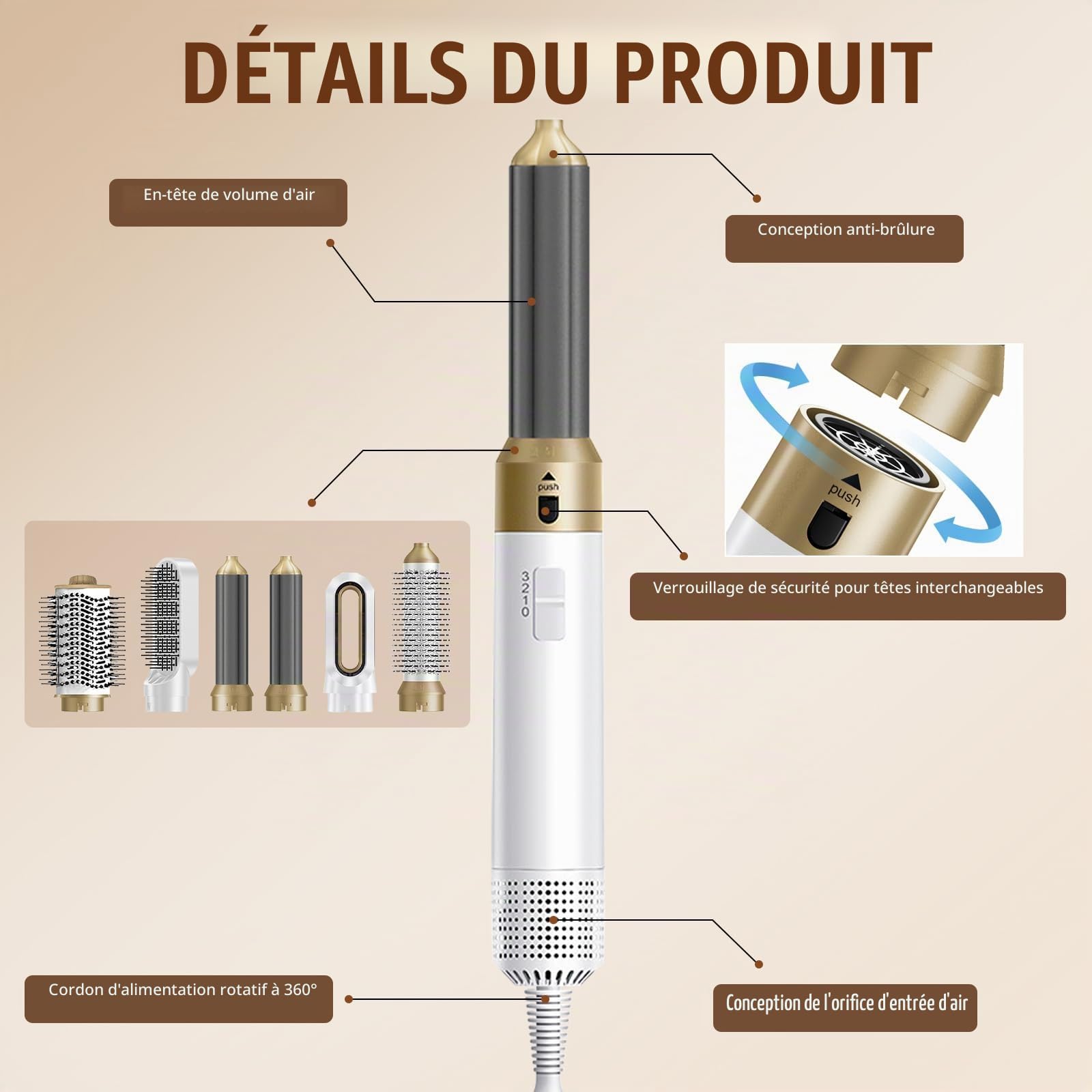Brosse Chauffante Brushing, 1-Step Styler, Air-brush 6 En 1 Avec Seche Cheveux, Brosse Soufflante Rotative Pour Cheveux, Brosse Soufflante Technologie CéRamique, SéCher, Boucler, Lisser (Blanc)