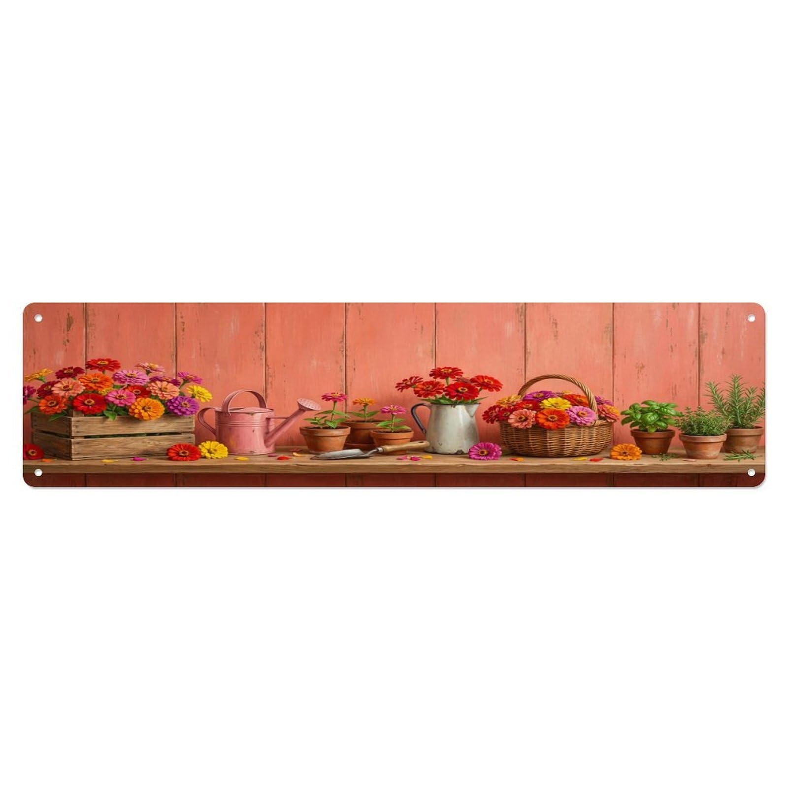 Floral Garden Tools Zinnia Crate Pattern Print Metal Tin Sign