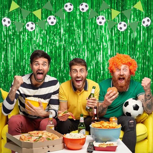 Image of Thicken Green Streamers 2 Pack 3.2 x 8.2 FT, Tinsel Backdrop Curtains, Foil Fringe Photo Backdrop for Dinosaur Birthday, Football, Jungle, Christmas, Golf Party Decorations