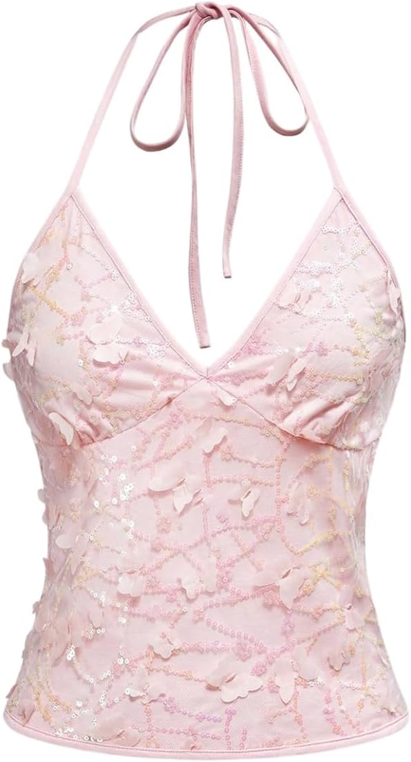 SOLY HUX Women's Y2k Sequin Halter Crop Top Cute 3D Butterfly Glitter Coquette Party Club Tops