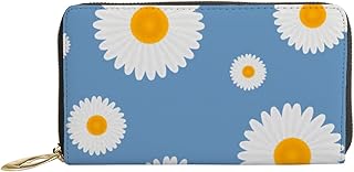 Carteiras femininas de couro genuíno flores margarida branca em azul porta-cartão de crédito com zíper organizador de embreagem de couro feminino bolsa longa de viagem, Flores Margarida Branca em Azul, 7x4.3x0.8 Inches
