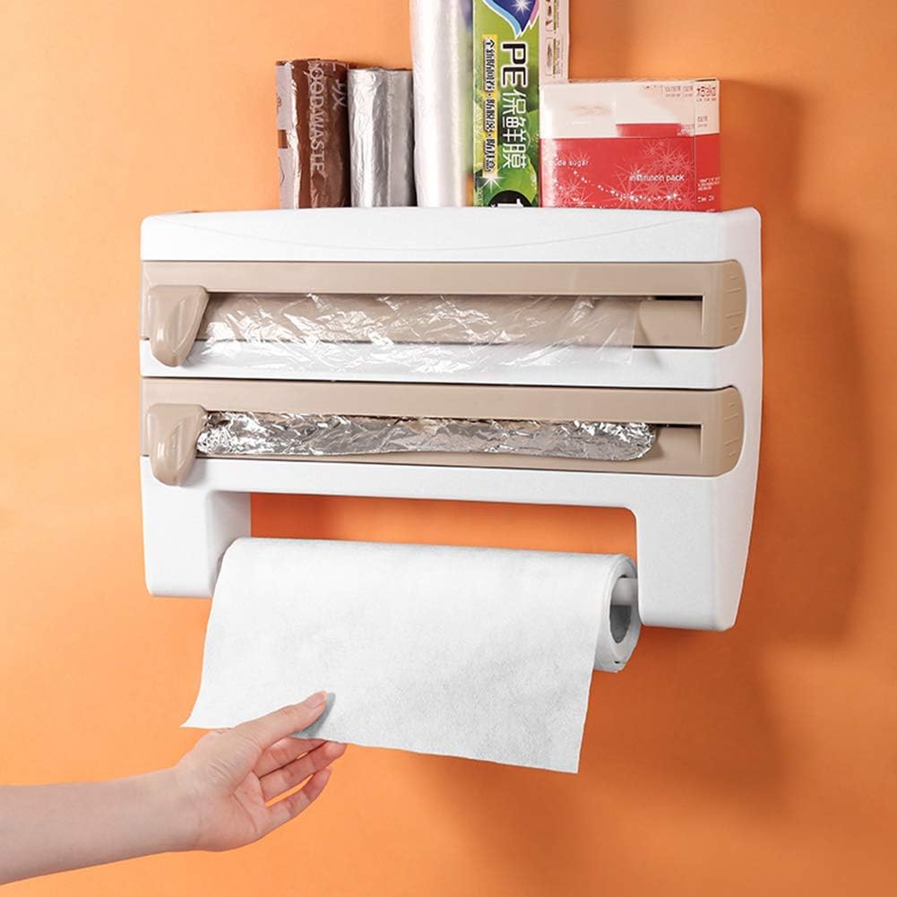 4-in-1 Wall-Mount Paper Towel Holder,Plastic Wrap Foil Dispenser,Wall-Mount Sauce Bottle Storage,Bathroom Organizer Storage,Shelf Adhesive Wall Mount,Rack Paper Towel Holder (Khaki)