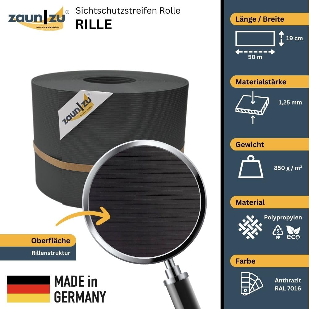 Rille 50 Meter Rolle 19cm hoch | Sichtschutzstreifen PP für Doppelstabmatten UV-beständiger Sichtschutz | Zaunblende Made in Germany | Rillenstruktur Anthrazit 50m