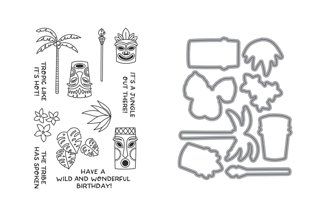It's a Jungle Stamp and Die Set Combo, Essentials by Ellen, Stamping, Scrapbooking, Die Cutting, DIY, Cardmaking, Papercraft, Tropical, Tiki, Palm, Survivor, Torches, Tribu
