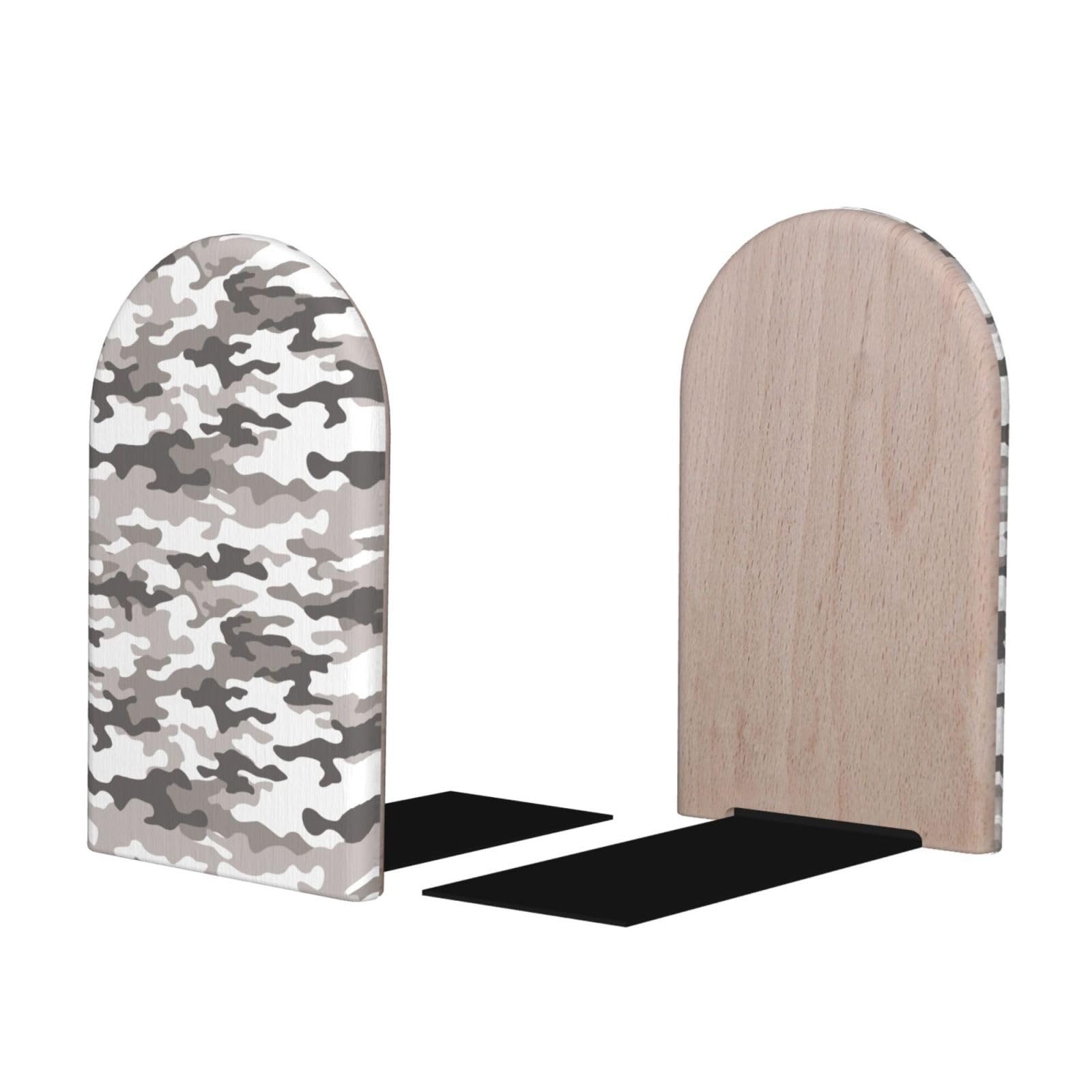 Classic Grey Camouflage Print BookEnds 1 Pair, Decorative Bookends for Heavy Books, Wood Book Ends for Shelves, Book Organizer for Home Desk Office Supplies