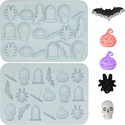 Dohia Moldes de silicona para Halloween, 18 diseños, moldes de chocolate para Halloween, calabaza, murciélago, calavera, sombrero de bruja para