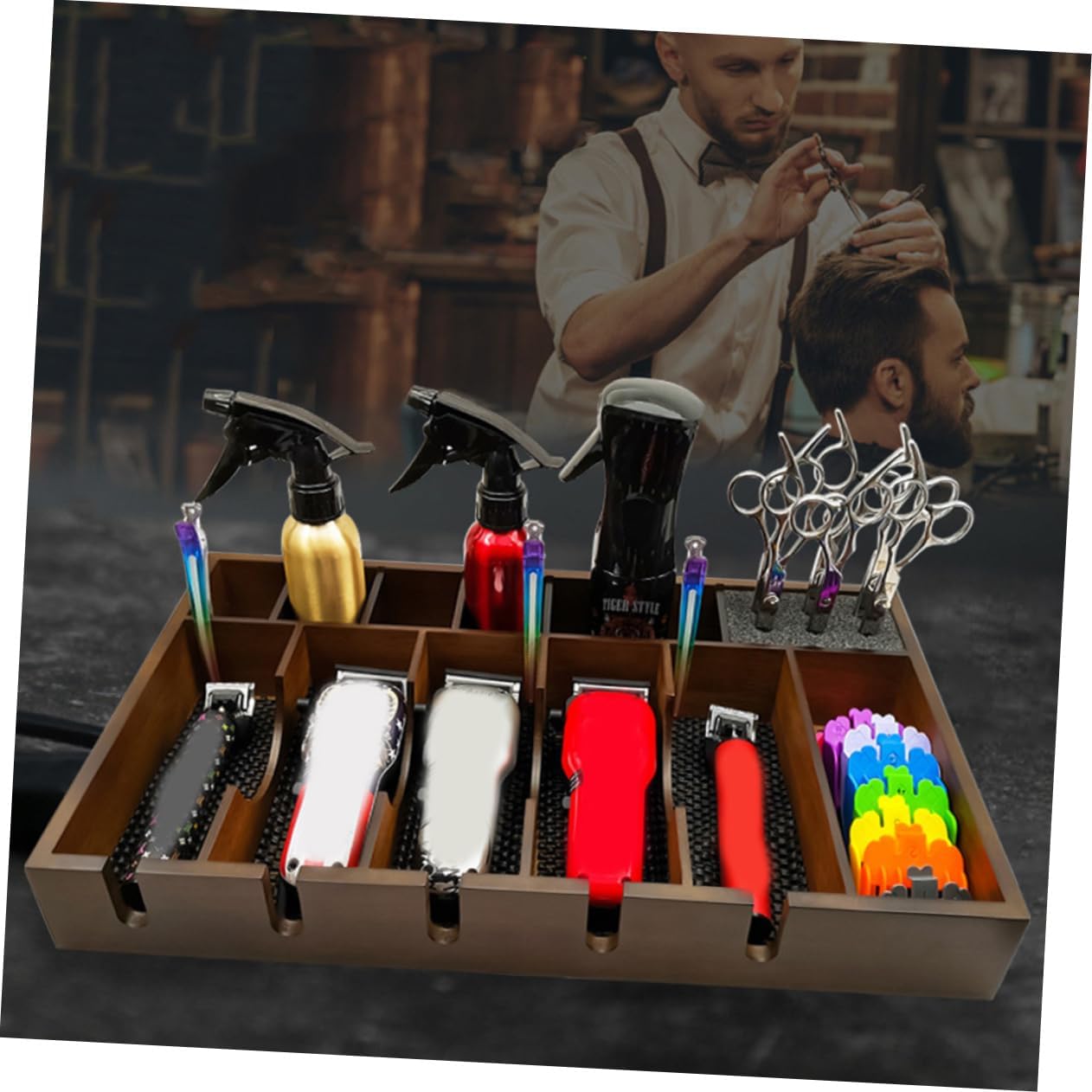 Ipetboom Wooden Hair Clipper Storage Rack Retro Hairdressing Tools Holder for Barbers Tray Organizer Vintage Design for Salon Home Use