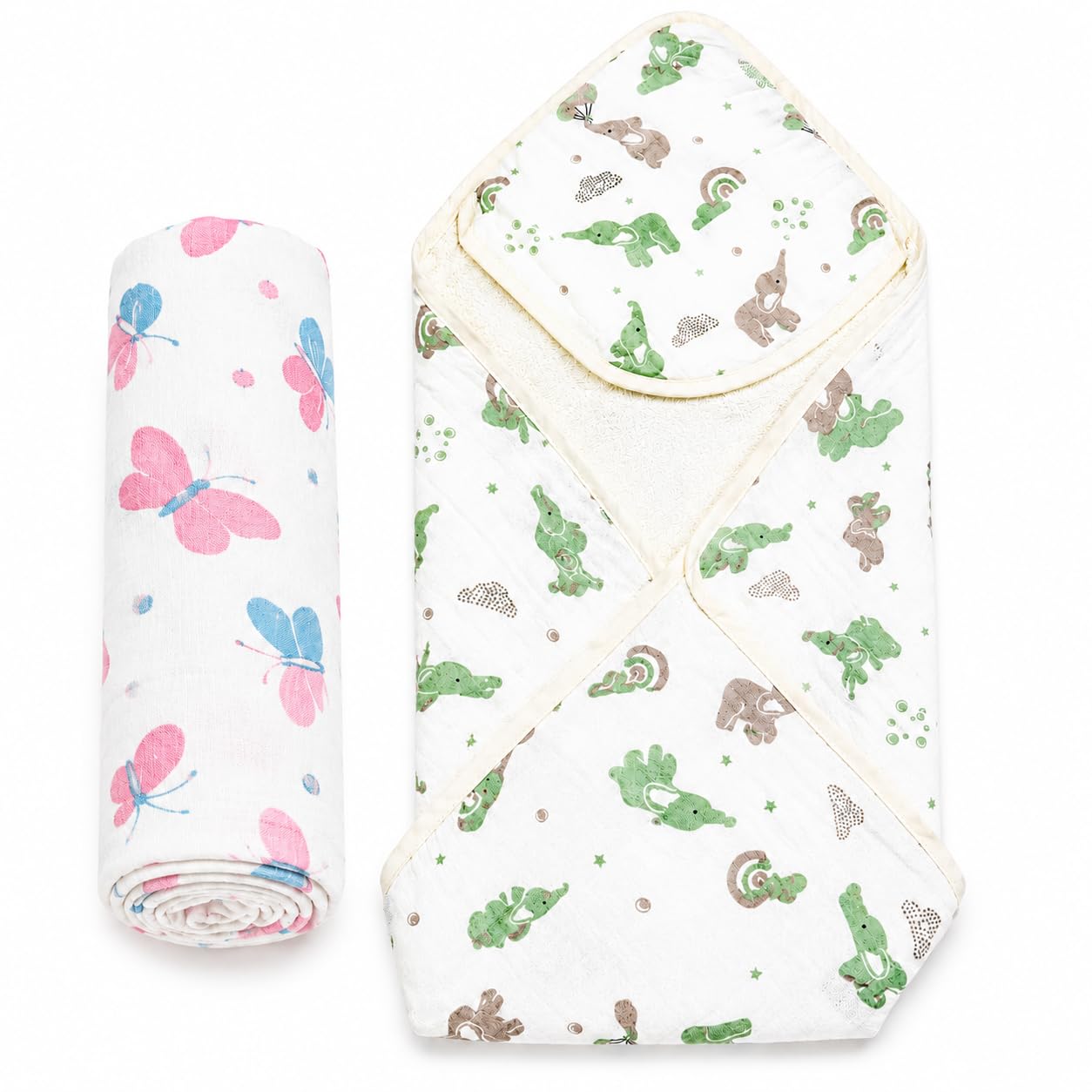 Newborn Baby Swaddle & Hooded Towel Set | 100% Muslin Cotton Baby Essentials | Large Muslin Swaddle & Hooded Bath Towel | Baby Boy & Girl | 0–6 Months-image-1