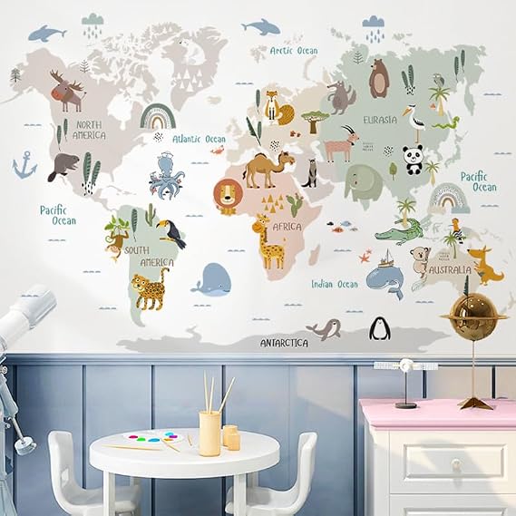 HGDESIGN Stickers Muraux Carte du Monde avec Animaux HGDESIGN pour Chambre d'Enfant