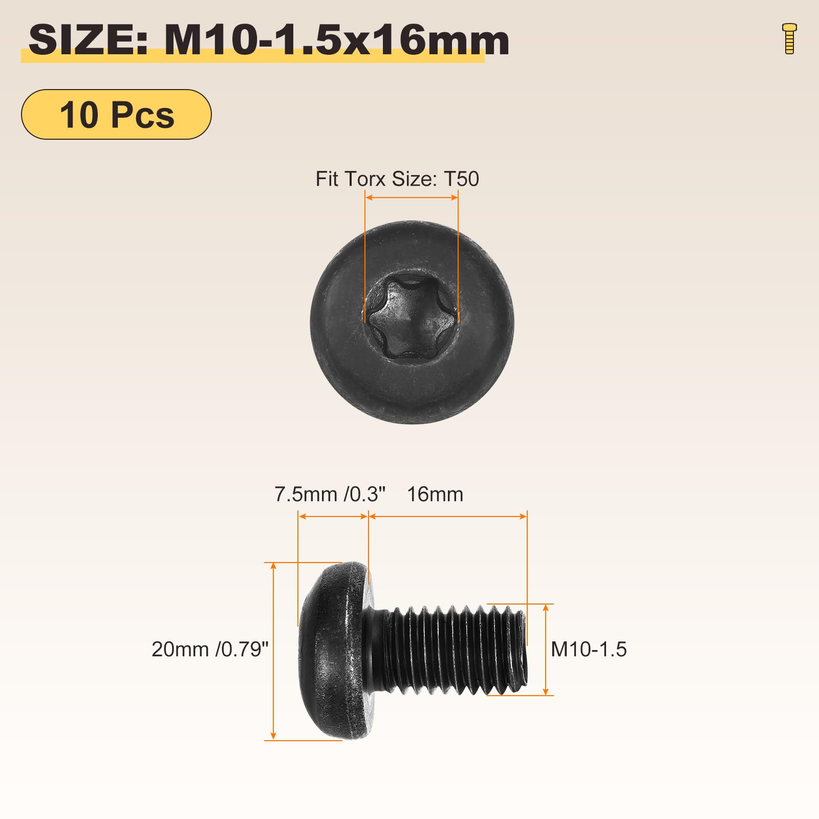 METALLIXITY Pan Head Torx Security Screws Bolts (M10-1.5x16mm) 10Pcs, Button Torx Head Machine Screws Carbon steel - Image 2