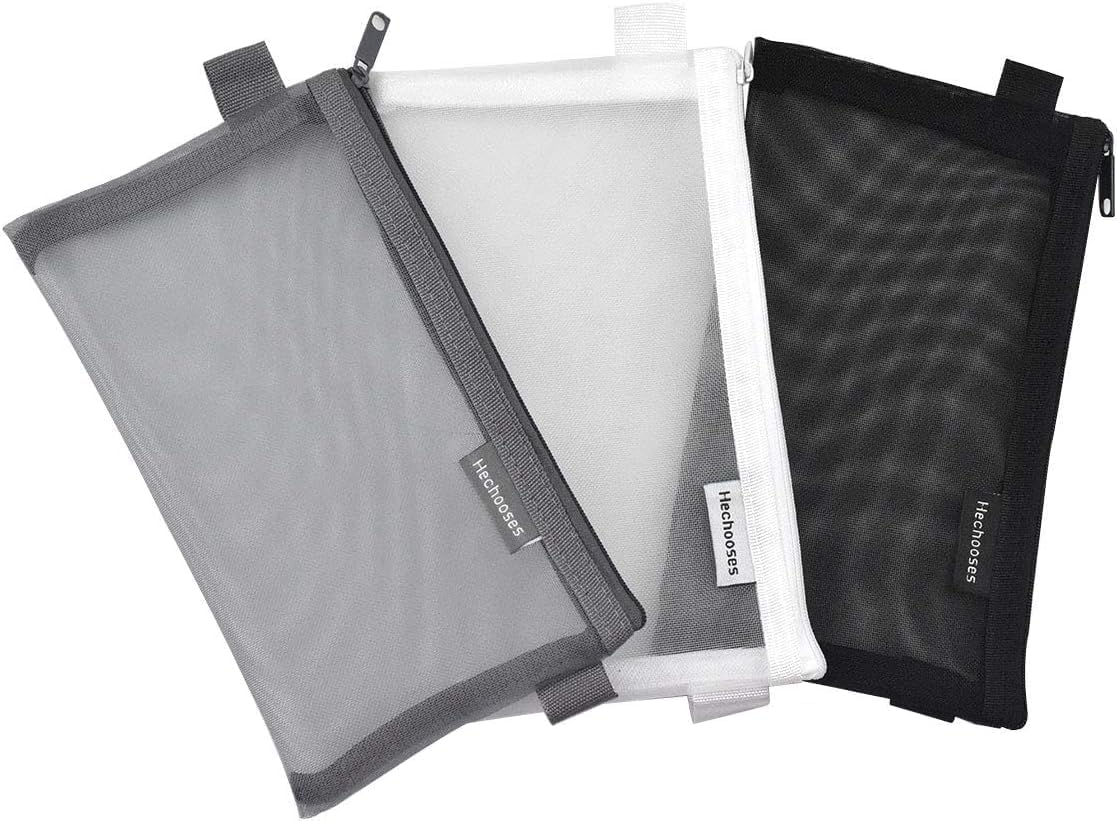 Joyan 3 Piezas Estuche de Malla para Lápices, Portable Estuche Escolar Bolsa de Lápiz Transparente Bolsas de cosméticos, Nylon Bolsas de Documentos Estuche Organizador con Cremallera (Gris Blanco Negro)