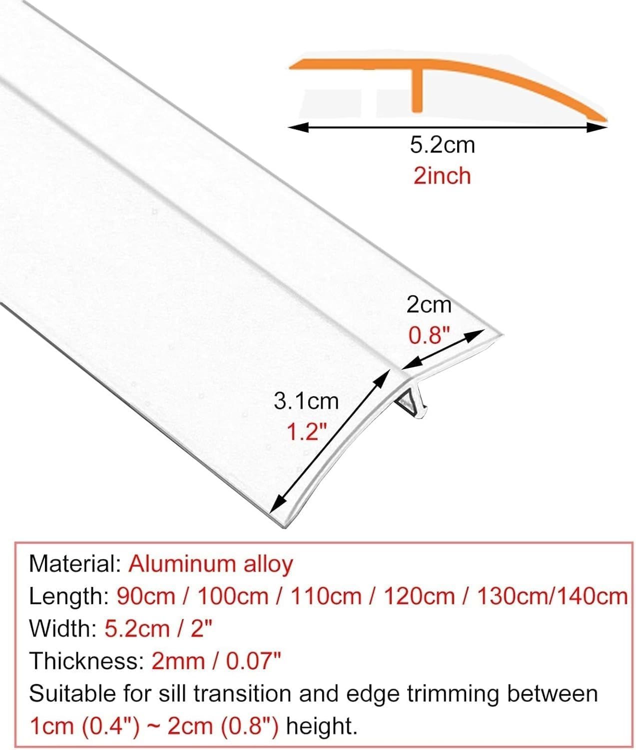 Aluminum Floor Transition Threshold Strip Wood to Tile, 5.2cm/2" Wide Doorway Thresholds Reducer Trim Strips, Matte Carpet Edging Cover Door Bar, Silver, 100cm/39