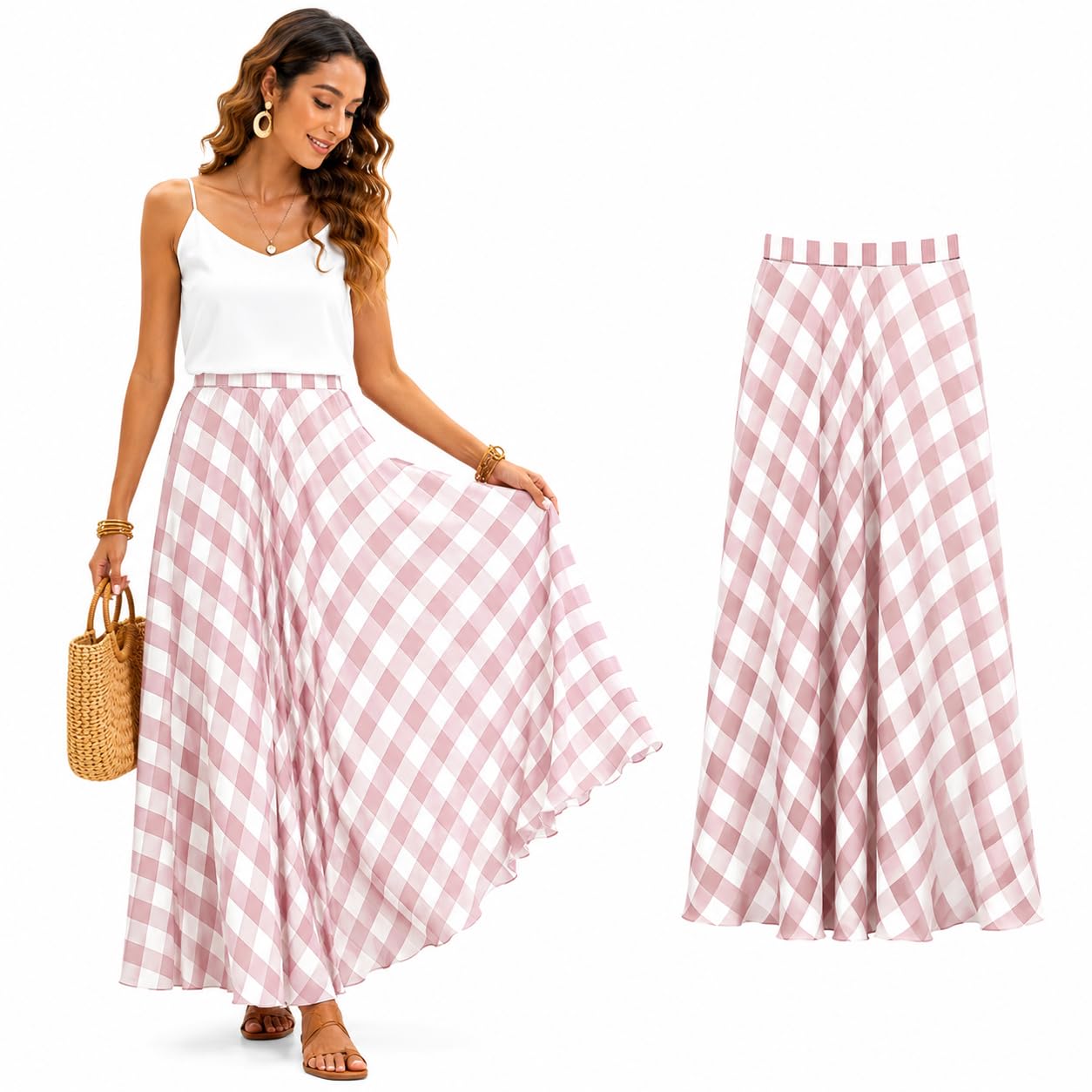 Cemssitu Women's Pink Boho Skirts For Gingham Plaid Maxi Skirt, Flowy A-Line Elastic Waist Summer Beach Skirt (,M)