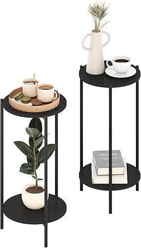 Miniatura 18 de Furinno Turn-N-Tube Mesa Lateral, Mesa Terminal Redonda de 2 Niveles, Mesa de Noche de Ensamblaje sin Herramientas, Mesa de Noche con Estante