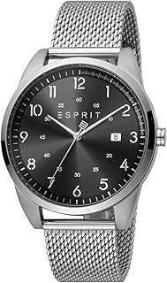 ساعة ستانلس ستيل شبكي دائرية انالوج بعقارب ومينا اسود للرجال من اسبريت - فضي