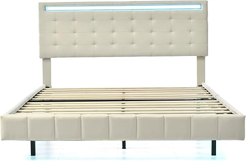 Miniatura 6 de Base de cama flotante de tamaño Queen con luces LED y carga USB, cama tapizada de lino con cabecero, moderno marco de cama Queen con soporte de