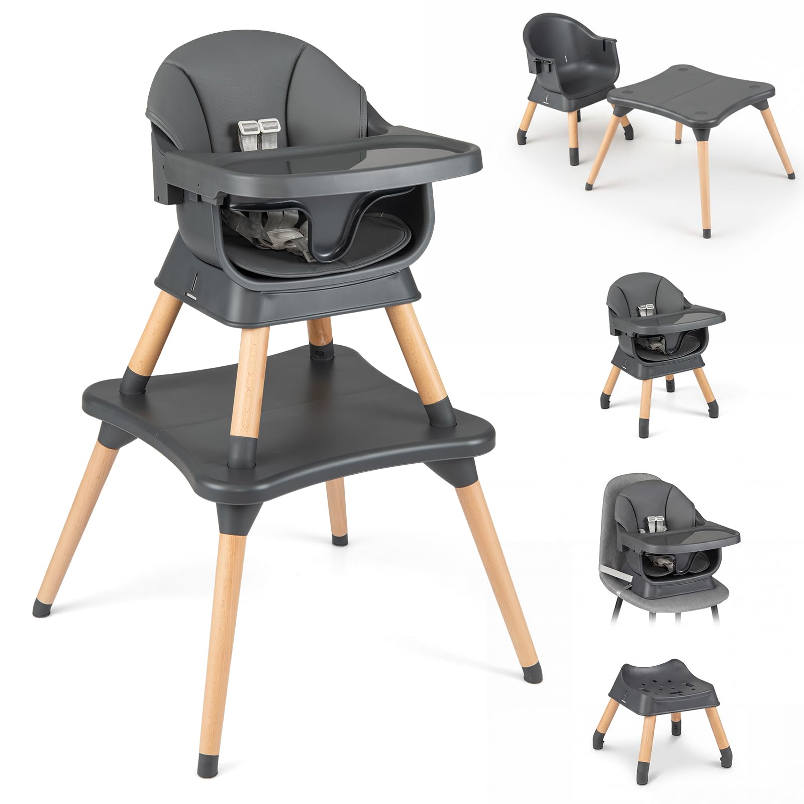 COSTWAY 9 in 1 Hochstuhl Baby, Kinderhochstuhl mit Sitzerhöhung, abnehmbarem Tablett, Sicherheitsgurt & Sitzkissen, Kombihochstuhl umwandelbar, Essenstuhl für Kinder von 6-36 Monaten (Dunkelgrau)