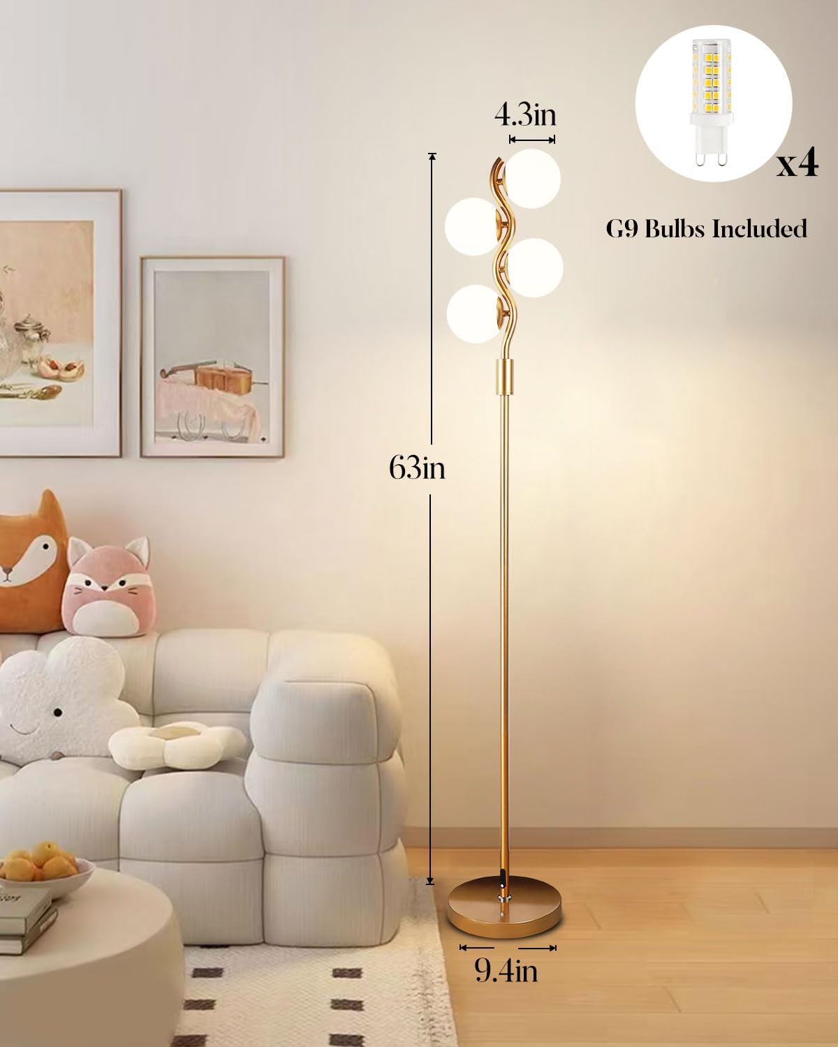 63IN Gold Globe Floor Lamp Dimmable Tall Standing Lamps with Soft Warm White 3000K Bulbs, Mid Century Modern Floor Lamp for Living Room Bedroom Home Decor