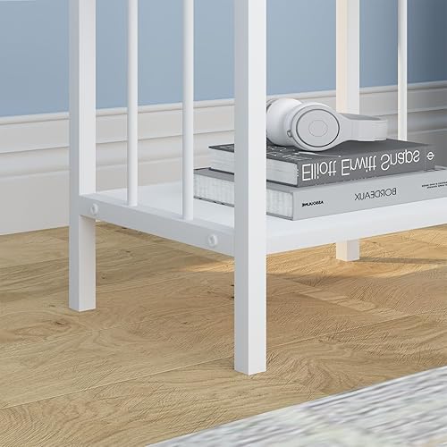 Miniatura 6 de LVB Juego de 2 mesas auxiliares pequeñas blancas, moderna mesita de noche delgada con estante de almacenamiento, mesita de noche estrecha de metal