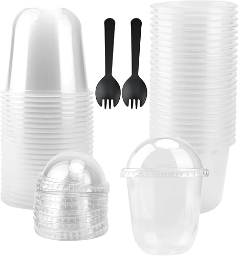 Miniatura 5 de Paquete de 100 vasos de plástico transparente de 12 onzas con tapas de cúpula y tenedores, vasos desechables de postre con tapas, recipientes