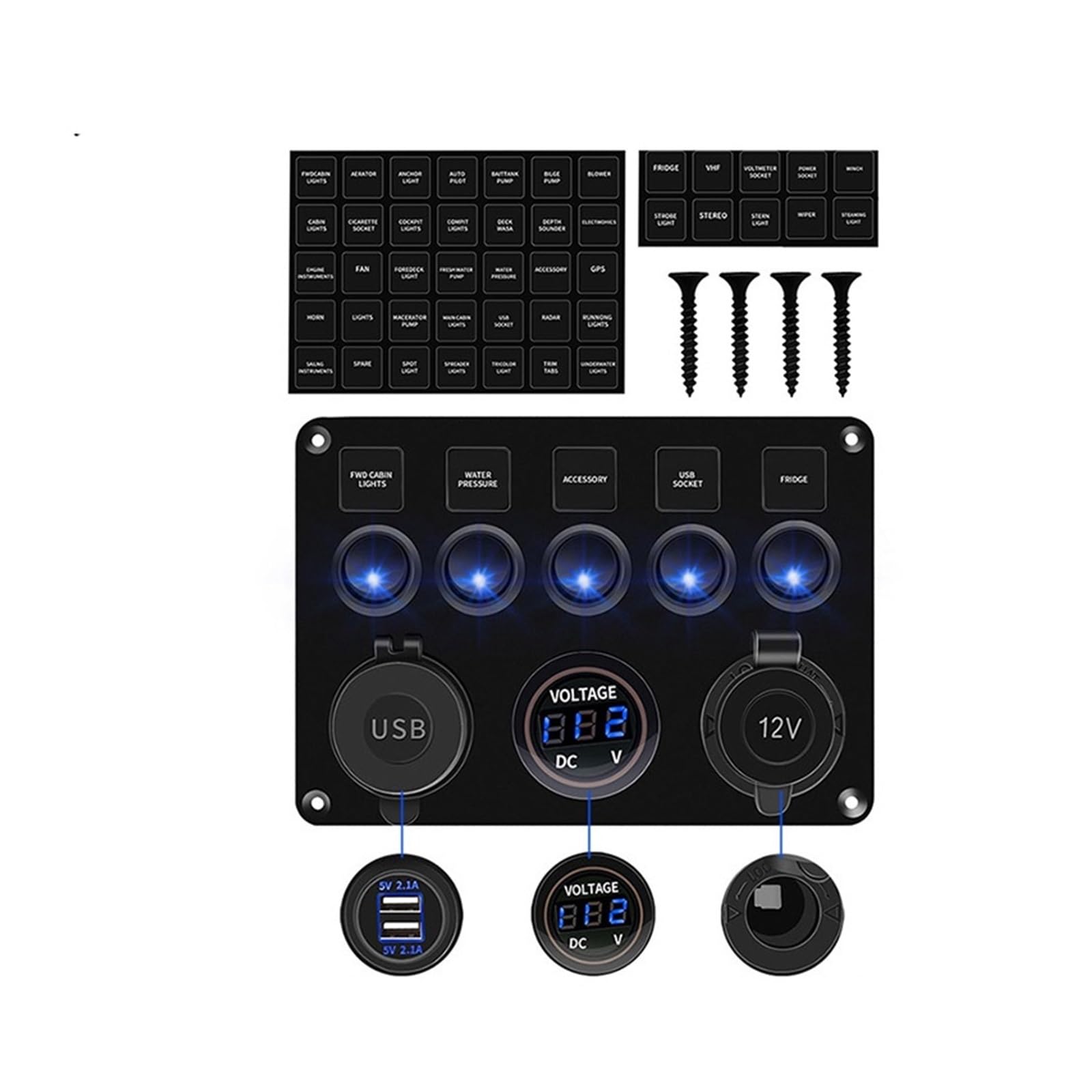 Panel przełączników Led z podwójnym portem USB 12V woltomierz cyfrowy przełączniki sterujące dla samochodów morskich łódź przyczepa kempingowa Camper RV akcesoria (Color : Blue)