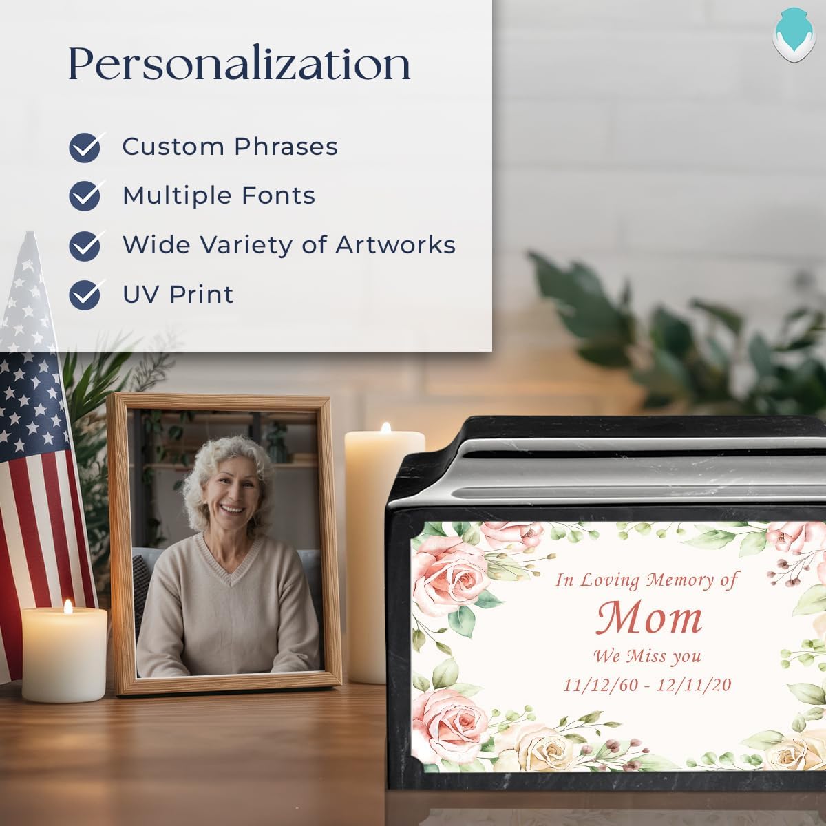 GetUrns Cultured Marble Urn Vault by Mackenzie with Personalized Flowers and Text for Human Ashes I Black & White Adult Urns for Male and Female I 210lbs