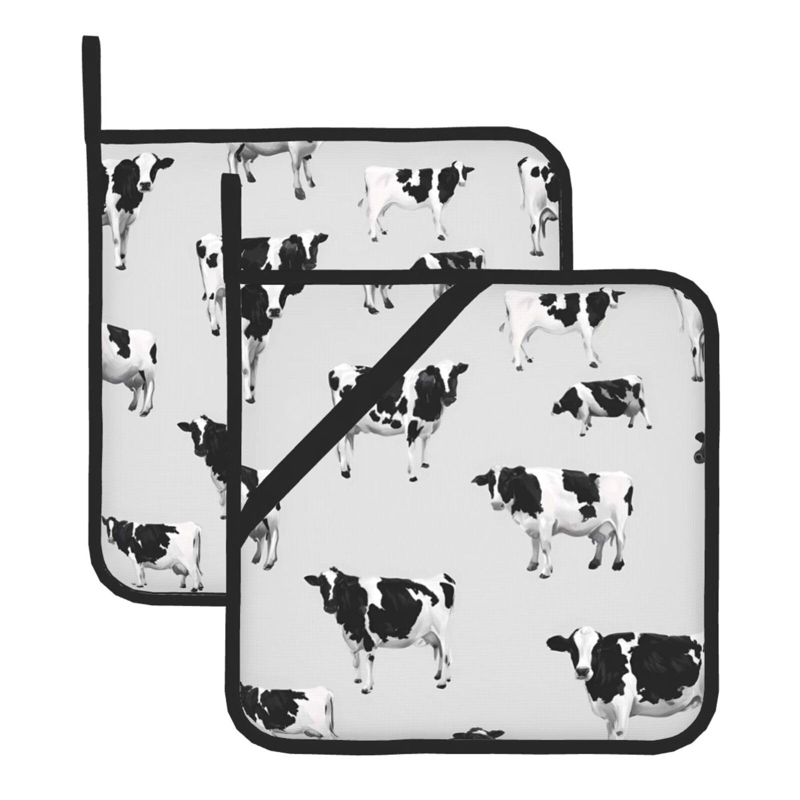 HJFCZH White and Black Cow Printed Square Insulated Pot Mat Set (2-Piece) 8x8in Waterproof, Thickened & Easy to Clean with Lanyard Design for Kitchen, Oven & BBQ
