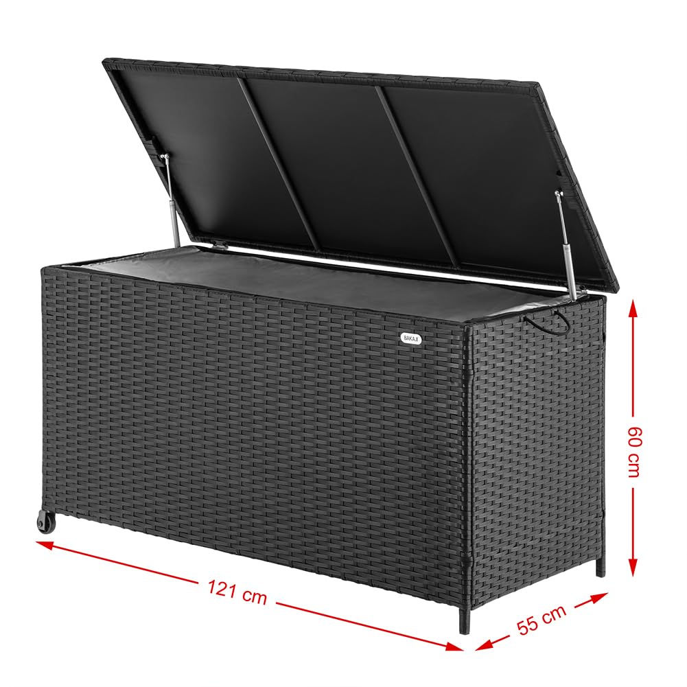 BAKAJI Baule Portaoggetti da Giardino in Polyrattan 420 Litri, Box da Esterno Impermeabile Resistente ai Raggi Uv, Cassapanca XXL con Ruote per Trasporto e Maniglia, 121 x 55 x 60 cm (Nero)