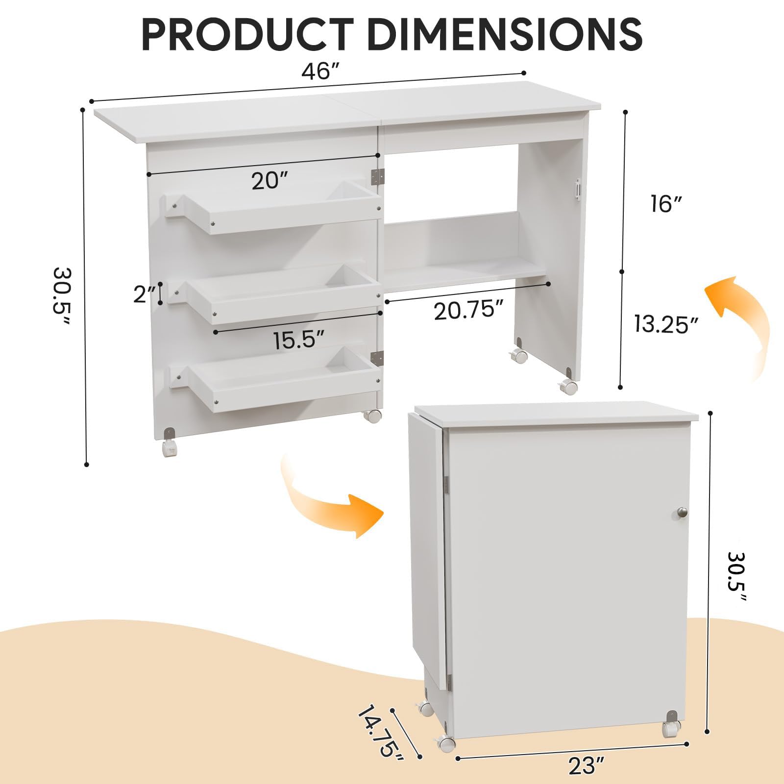 Mesa de costura plegable multiusos con 3 compartimentos de almacenamiento y estante, mesa de trabajo con ruedas para espacios pequeños