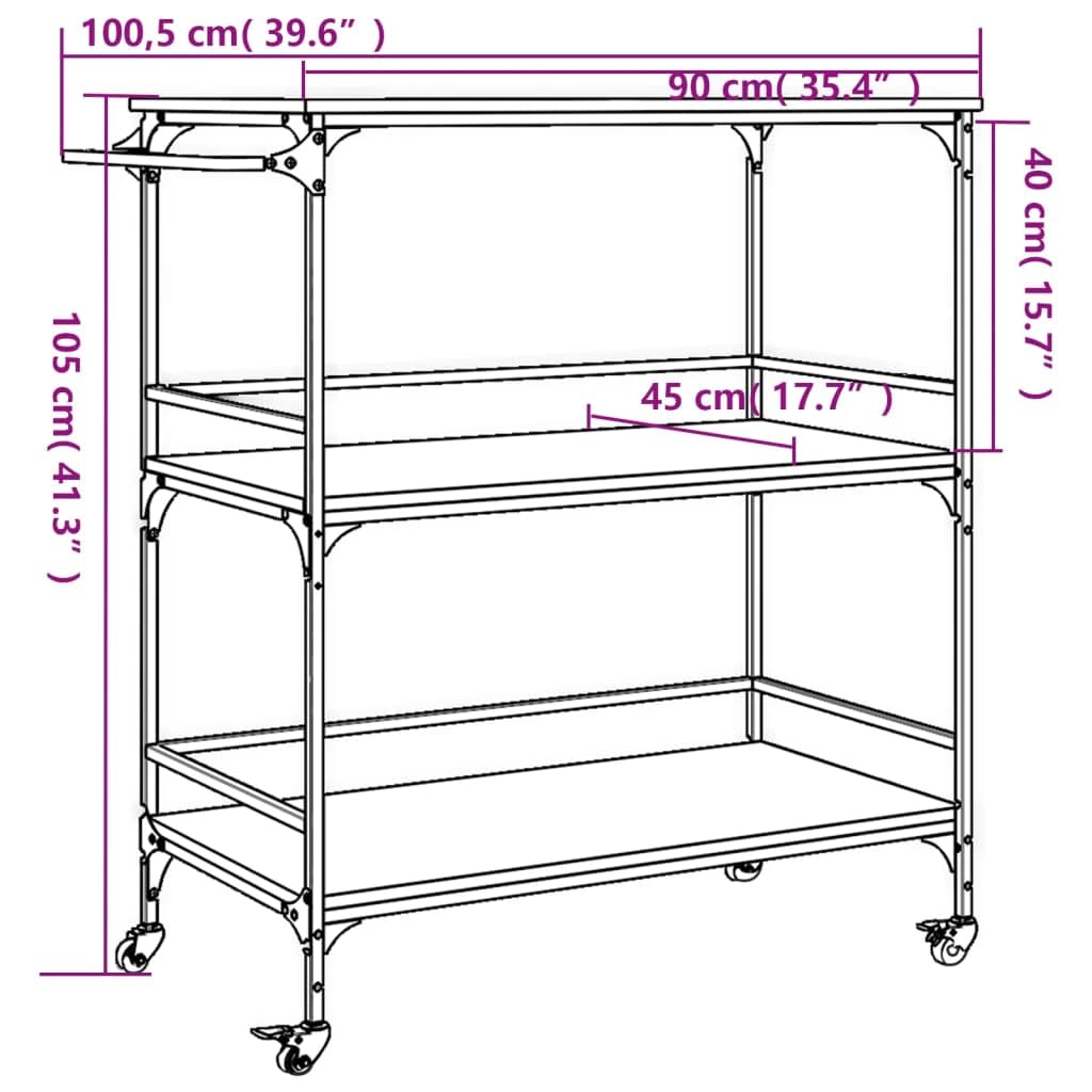 vidaXL Carrito de Cocina, Estante de Almacenaje, Carro de Servicio Comida, Carrito para Salón Baño Estudio, Madera de Ingeniería Negro