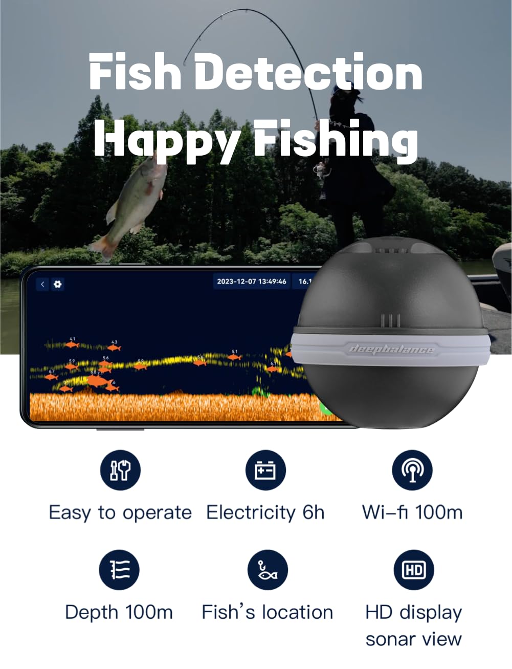 Sonar Fish Finder Détecteur de poissons portable et détecteur de profondeur pour kayaks, bateaux et pêche sur glace | avec application conviviale gratuite