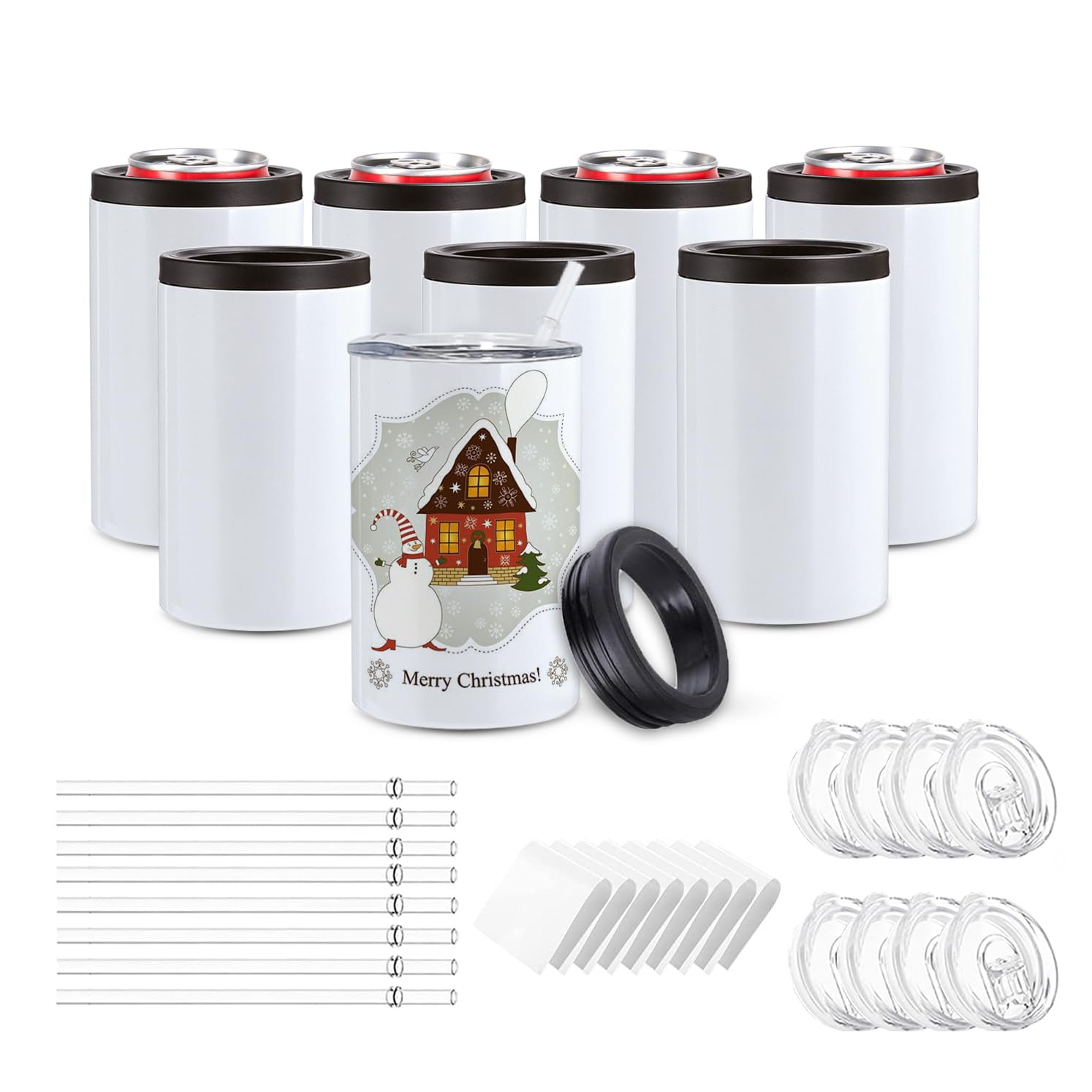 8 Packs Sublimation Can Cooler Sublimation Blanks Can 12 Oz Insulated Stainless Steel Beer Can Cooler Holder with Straw and Lid Great for Christmas Birthday DIY Gifts