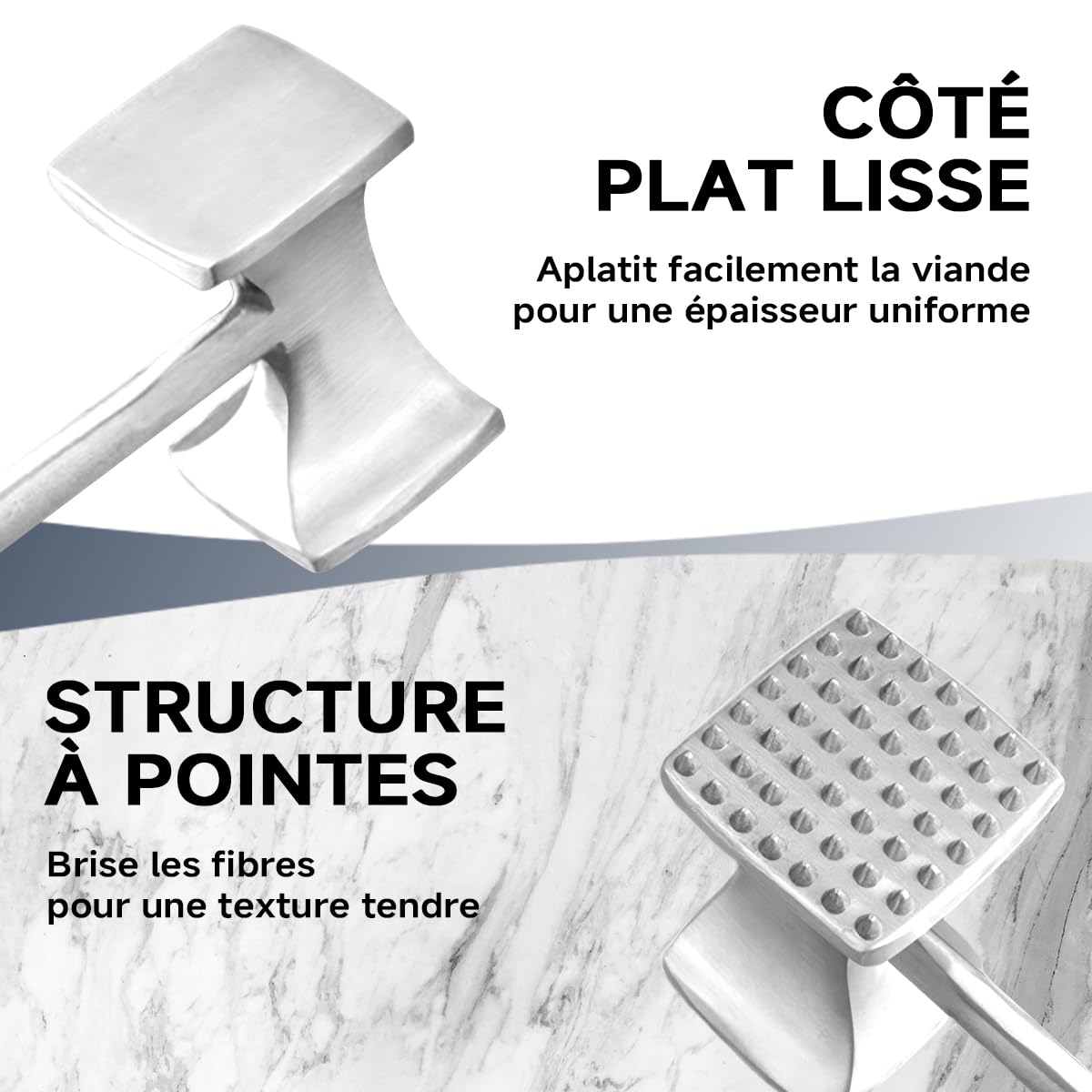 Attendrisseur de Viande Marteau Double Face avec Poignée Antidérapante pour Steak Poulet Côtelettes