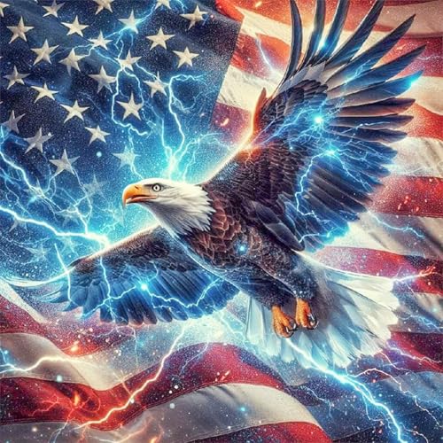 Image of 4th of July 5D DIY Diamond Painting Kits for Adults, American Flag Eagle Lightning Diamond Art Kits for Adults, Patriotic Full Round Drill Gem Painting Art Kits Wall Decor 13.8x13.8 Inch