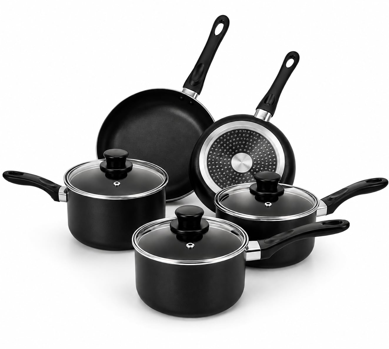 Non Stick Pots and Pans Set 8 Piece, Induction Hob Pan Set, Nonstick Kitchen Cookware Sets, Pot Set, Frying Pans Sets, Saucepan Sets with Tempered Glass Lids