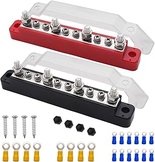 (Red+Black) Power Distribution Terminal Block with Cover with 4 x 1/4"(M6) Terminal Studs,6 x M4 Terminal Screws,Battery Bus Bar with Ring Terminals for Car Boat Marine O-038-10-B