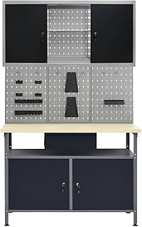 Kangmusi 3053432 - Banco de trabajo con 3 paneles de herramientas y 1 armario, color negro