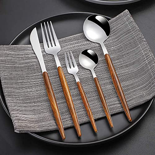 Image of Gold Flatware Matte Wooden Handle Stainless Steel Tableware Sets for 1 Including Forks Spoons Knives, Camping Silverware Travel Utensils Set Cutlery(Silver, Set of 5)
