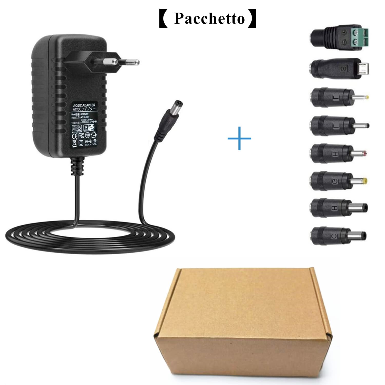Alimentatore AC 12V 2A AC220V 230V DC12V con 8 adattatori spina Caricabatteria 500mA 1000mA 1500mA 2000mA AC-DC