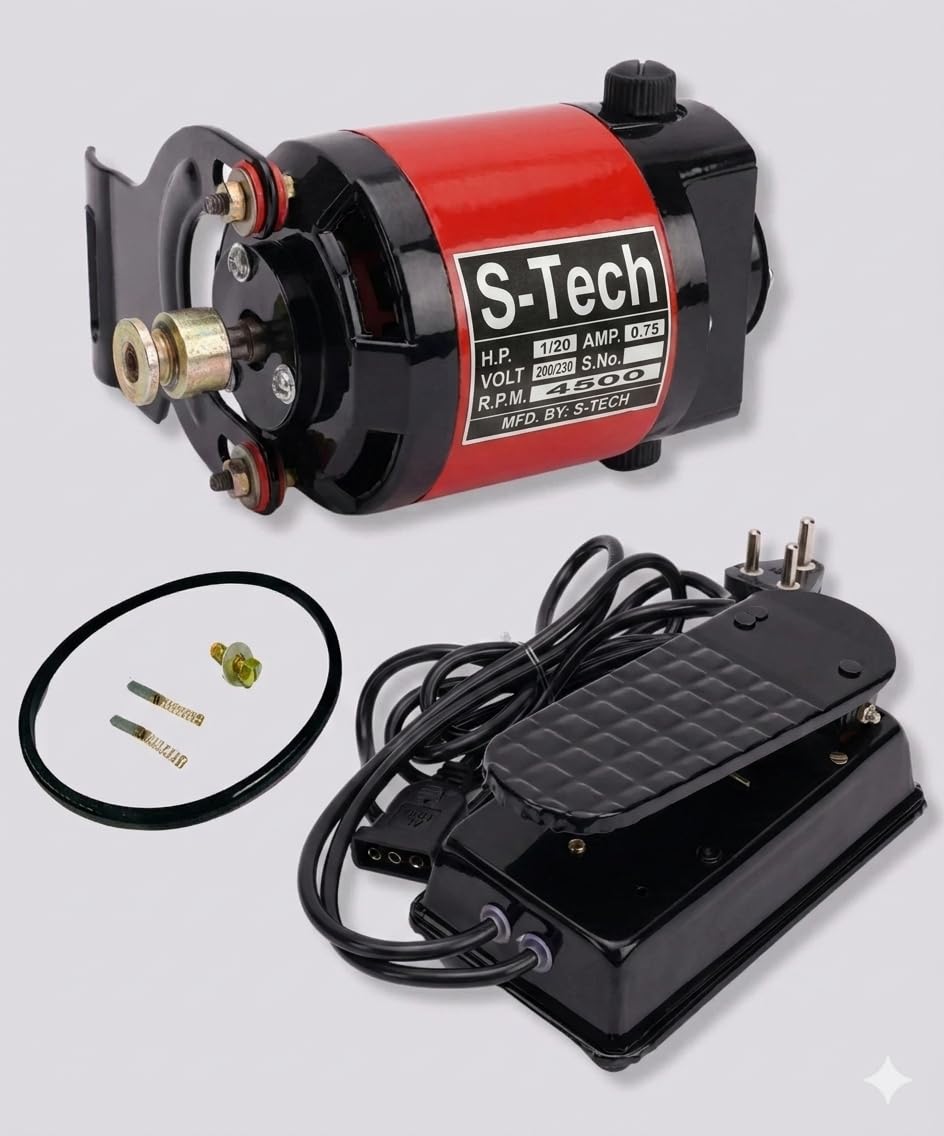 Prime Domestic Mini Sewing Machine Motor 1/20 HP 4500 RPM with Heavy Foot Controller | Electric Silai Machine Motor Set with Carbon, Belt & Fittings | 220V | 100 Stitches | 6 Months Warranty (Red)-image-0