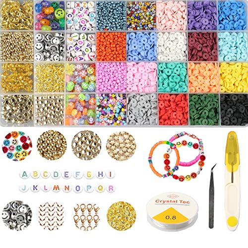 Perlen Zum Auffädeln Set Ketten Selber Machen Flache Runde Polymer Clay Spacer Perlen Armbänder Halsketten Schmuckherstellung Mit Kleine Geschenke Für Kinder Buchstaben DIY Schmuck Markierungsset Cover