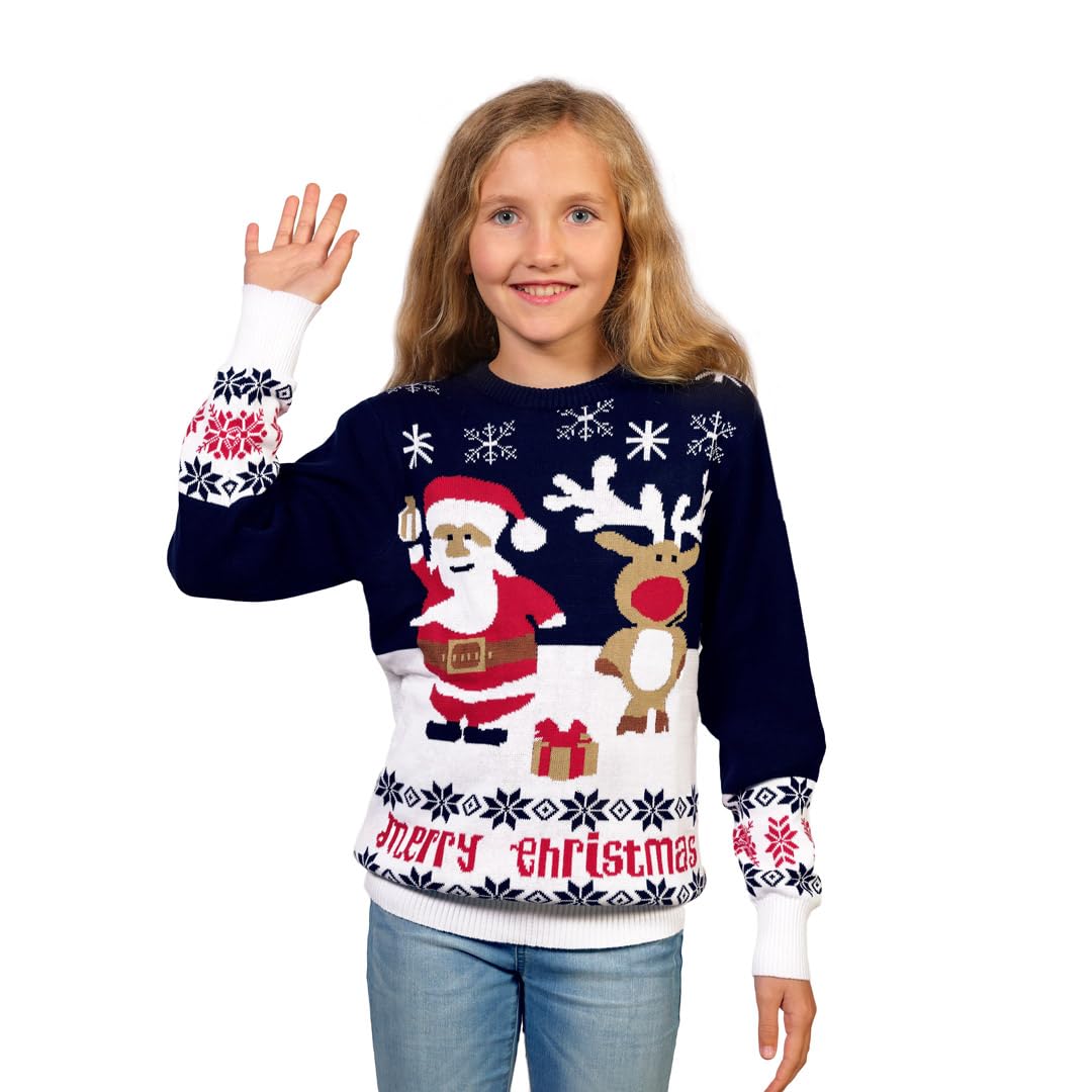 Jersey Navideño para Mujer, Hombre y Niños Azul Papá Noel y Reno Rudolph