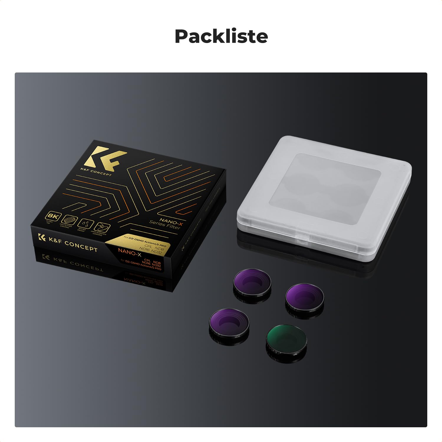 K&F CONCEPT ND Filtersets, 4er Pack CPL, ND8, ND16, ND32 Filter kompatibel mit DJI Osmo Action 5 PRO/Action 4, Polarisierende Neutral Density HD Glass