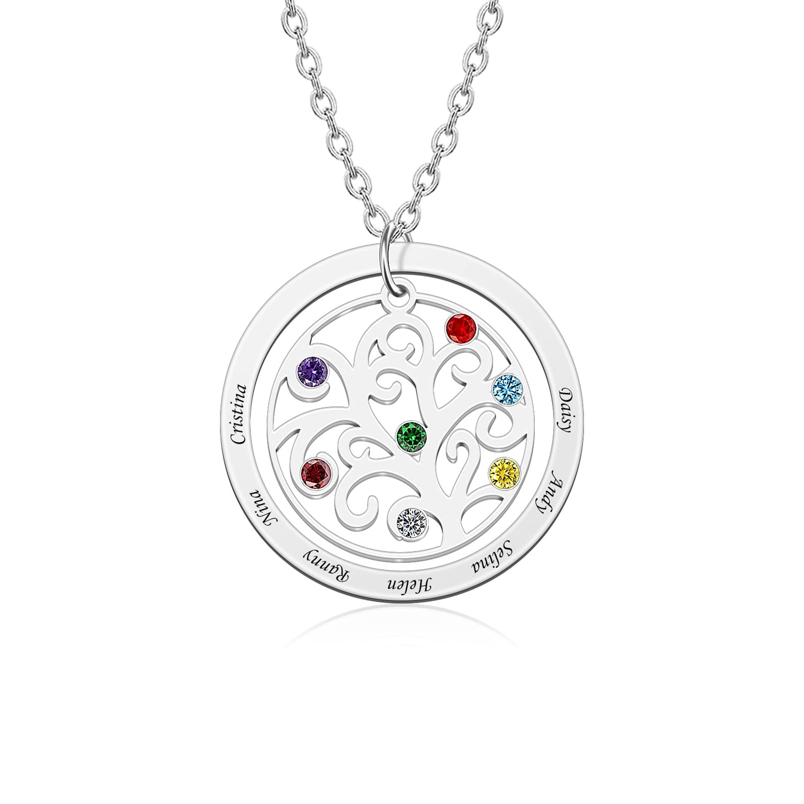 Tree of Life Necklace Family Tree Birthstone Necklaces Personalized Mother Necklaces with Name Grandmother Necklace with 1-11 Simulated Birthstones